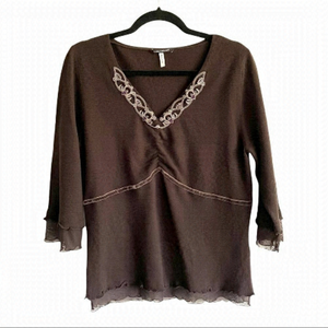 LUISA CERANO Italy Wool Cashmere V-Neck Sweater Embroidered Embellished Brown 12